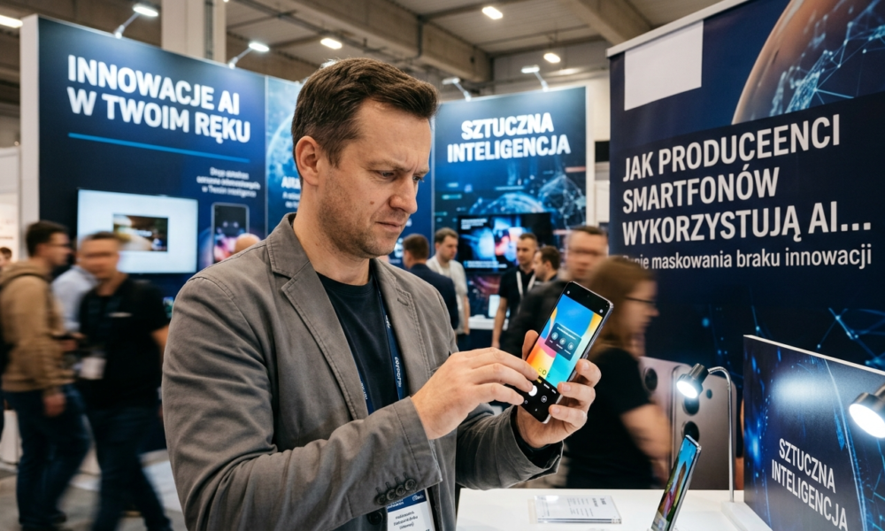 Nowoczesny smartfon z interfejsem AI w dłoniach mieszkańca Bydgoszczy. Sztuczna inteligencja i innowacje w kategorii smartfony, tablety i gadżety.