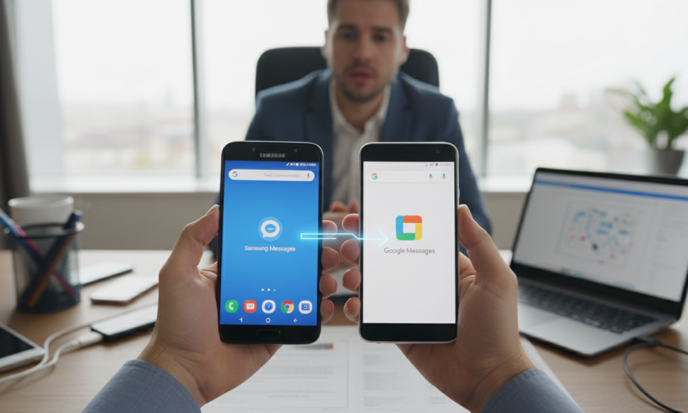Smartfon Samsung Galaxy z ikonami aplikacji Google Messages i Samsung Messages. Zmiana domyślnego komunikatora SMS i RCS na urządzeniach mobilnych z Androidem.