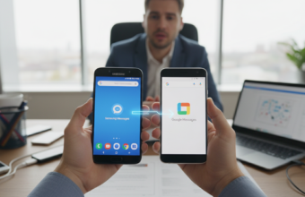 Smartfon Samsung Galaxy z ikonami aplikacji Google Messages i Samsung Messages. Zmiana domyślnego komunikatora SMS i RCS na urządzeniach mobilnych z Androidem.
