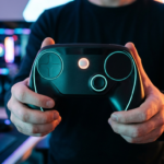 Futurystyczny Steam Controller 2026 od Valve. Ergonomiczny pad do gier PC z panelami haptycznymi i matowym wykończeniem w efektownym oświetleniu teal i orange.