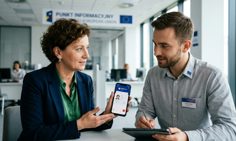 Smartfon z aplikacją mObywatel na tle flagi UE. Polska cyfrowa tożsamość i dostęp do usług w Unii Europejskiej. Nowoczesny lifestyle tech i e-dokumenty.