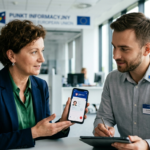 Smartfon z aplikacją mObywatel na tle flagi UE. Polska cyfrowa tożsamość i dostęp do usług w Unii Europejskiej. Nowoczesny lifestyle tech i e-dokumenty.