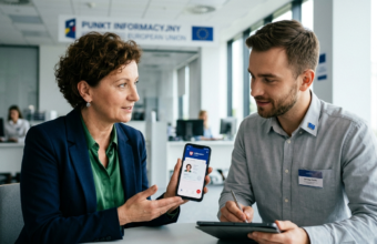 Smartfon z aplikacją mObywatel na tle flagi UE. Polska cyfrowa tożsamość i dostęp do usług w Unii Europejskiej. Nowoczesny lifestyle tech i e-dokumenty.