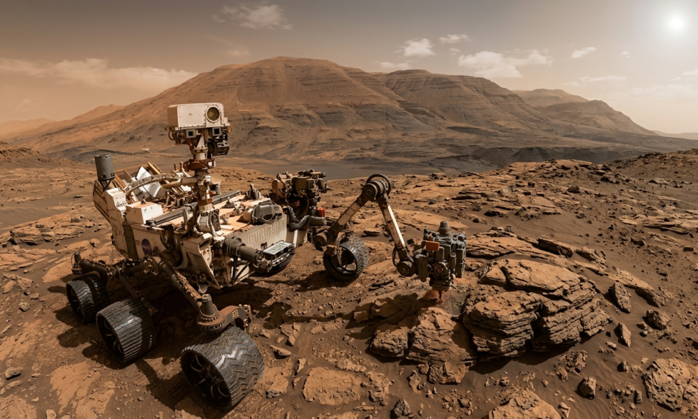 Łazik Curiosity NASA bada odkrycia organiczne na powierzchni Marsa. Misja badawcza cząsteczek organicznych na czerwonej planecie. Nauka i technologie przyszłości.