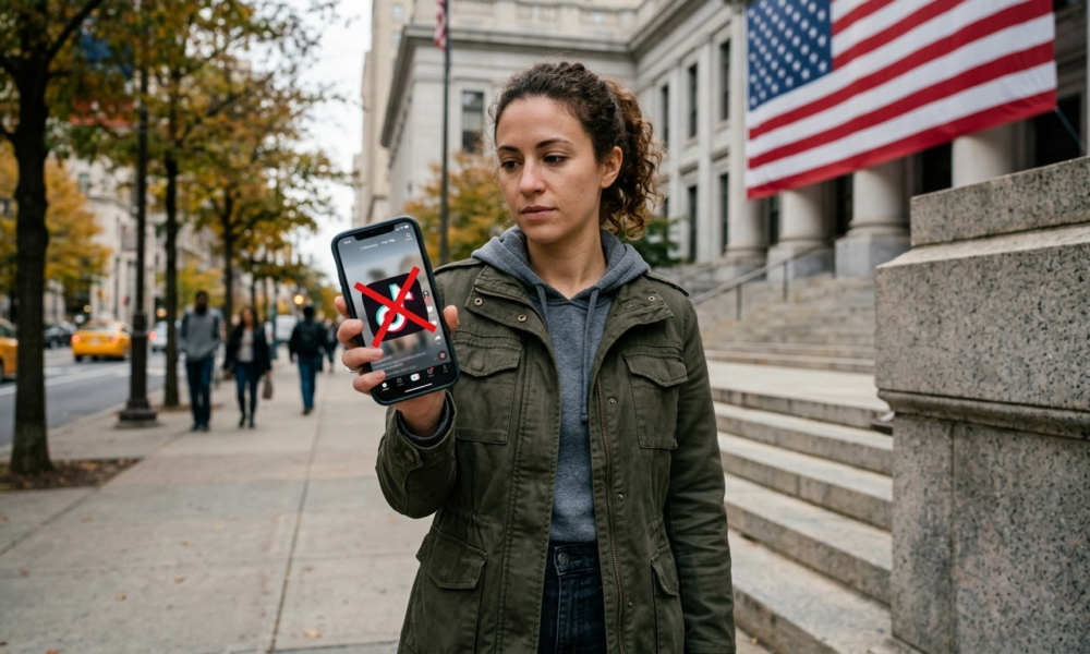 Osoba w USA trzyma smartfon z przekreślonym logo TikToka. Zakaz TikToka w USA 2026, zmiany w kulturze cyfrowej i gamingu. Blokada aplikacji na telefonie.
