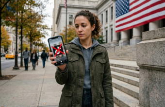 Osoba w USA trzyma smartfon z przekreślonym logo TikToka. Zakaz TikToka w USA 2026, zmiany w kulturze cyfrowej i gamingu. Blokada aplikacji na telefonie.