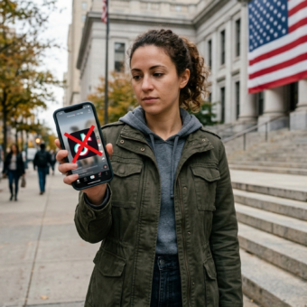 Osoba w USA trzyma smartfon z przekreślonym logo TikToka. Zakaz TikToka w USA 2026, zmiany w kulturze cyfrowej i gamingu. Blokada aplikacji na telefonie.