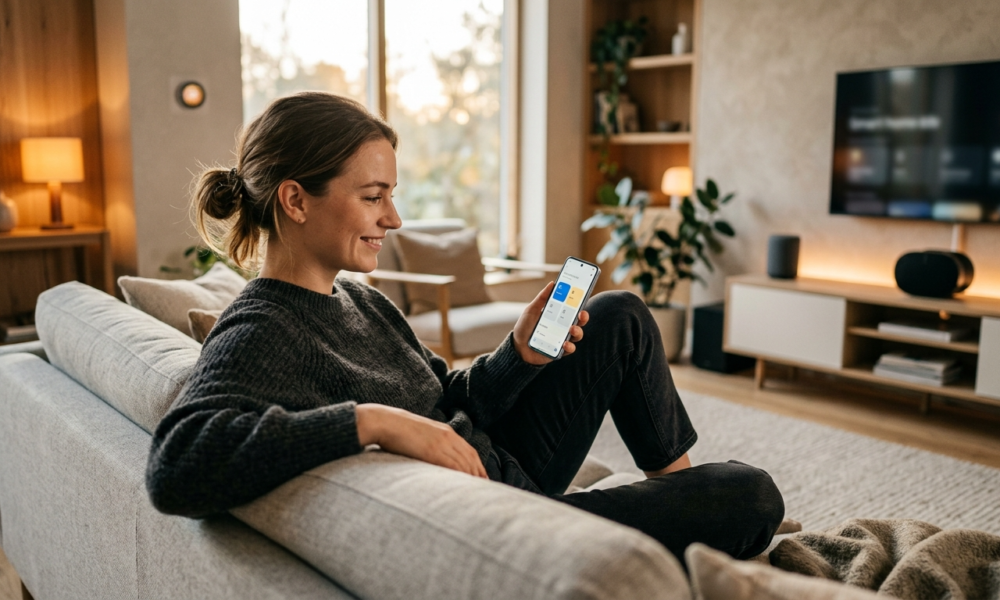 Osoba steruje smartfonem świecącymi urządzeniami smart home w ciepłym salonie. Minimalistyczny inteligentny dom, standard Matter i nowoczesny lifestyle tech.