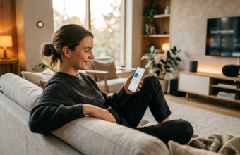 Osoba steruje smartfonem świecącymi urządzeniami smart home w ciepłym salonie. Minimalistyczny inteligentny dom, standard Matter i nowoczesny lifestyle tech.