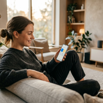 Osoba steruje smartfonem świecącymi urządzeniami smart home w ciepłym salonie. Minimalistyczny inteligentny dom, standard Matter i nowoczesny lifestyle tech.
