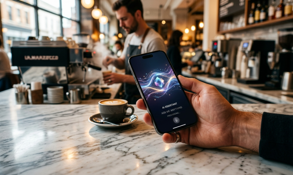 Smartfon z interfejsem AI nad marmurowym blatem kawiarni. W tle barista, sztuczna inteligencja ChatGPT i nowoczesne zamawianie kawy w Starbucks.