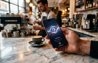 Smartfon z interfejsem AI nad marmurowym blatem kawiarni. W tle barista, sztuczna inteligencja ChatGPT i nowoczesne zamawianie kawy w Starbucks.