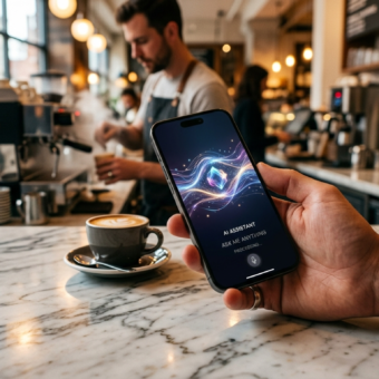 Smartfon z interfejsem AI nad marmurowym blatem kawiarni. W tle barista, sztuczna inteligencja ChatGPT i nowoczesne zamawianie kawy w Starbucks.