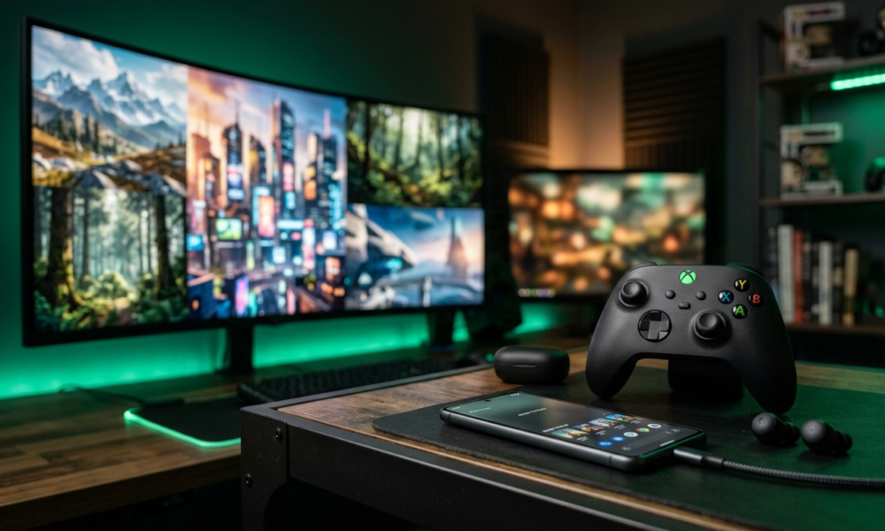 Pad Xbox i smartfon na biurku w zielonym świetle. W tle monitor z grami Xbox Game Pass Starter Edition i Discord. Nowoczesny gaming i biblioteka gier.