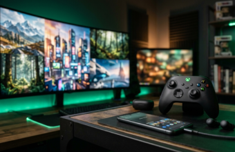 Pad Xbox i smartfon na biurku w zielonym świetle. W tle monitor z grami Xbox Game Pass Starter Edition i Discord. Nowoczesny gaming i biblioteka gier.