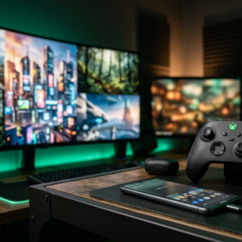 Pad Xbox i smartfon na biurku w zielonym świetle. W tle monitor z grami Xbox Game Pass Starter Edition i Discord. Nowoczesny gaming i biblioteka gier.