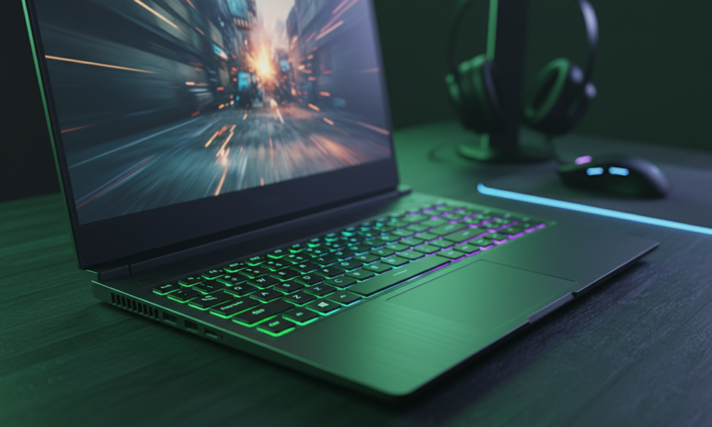Budżetowy laptop gamingowy z RTX 5060. Podświetlana klawiatura RGB świeci na zielono i niebiesko na ciemnym biurku. Dynamiczna gra akcji widoczna na ekranie.