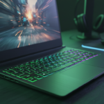 Budżetowy laptop gamingowy z RTX 5060. Podświetlana klawiatura RGB świeci na zielono i niebiesko na ciemnym biurku. Dynamiczna gra akcji widoczna na ekranie.