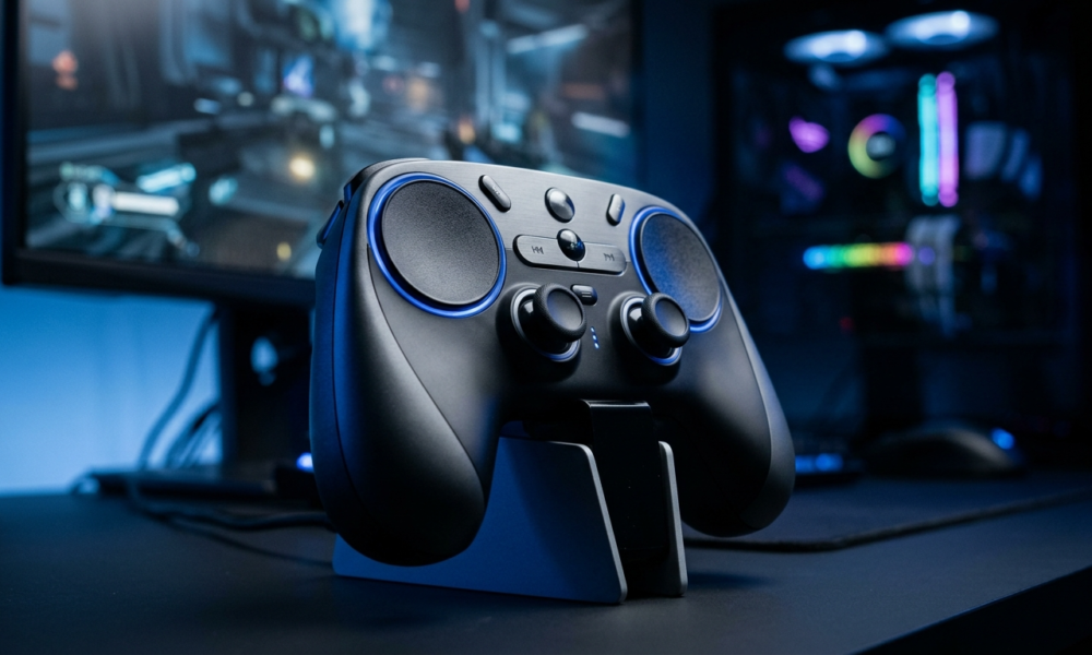 Steam Controller 2 od Valve: nowoczesny pad z gładzikami haptycznymi i matową obudową. Ergonomiczny kontroler do gier w niebieskim świetle na tle zestawu PC.