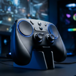 Steam Controller 2 od Valve: nowoczesny pad z gładzikami haptycznymi i matową obudową. Ergonomiczny kontroler do gier w niebieskim świetle na tle zestawu PC.