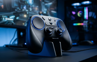 Steam Controller 2 od Valve: nowoczesny pad z gładzikami haptycznymi i matową obudową. Ergonomiczny kontroler do gier w niebieskim świetle na tle zestawu PC.