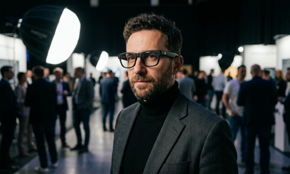 Biała kobieta nosząca czarne okulary Samsung AI. Innowacyjne inteligentne okulary marki Samsung z kategorii nowoczesnych gadżetów i technologii.