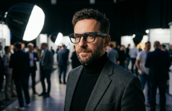 Biała kobieta nosząca czarne okulary Samsung AI. Innowacyjne inteligentne okulary marki Samsung z kategorii nowoczesnych gadżetów i technologii.