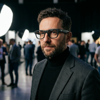 Biała kobieta nosząca czarne okulary Samsung AI. Innowacyjne inteligentne okulary marki Samsung z kategorii nowoczesnych gadżetów i technologii.