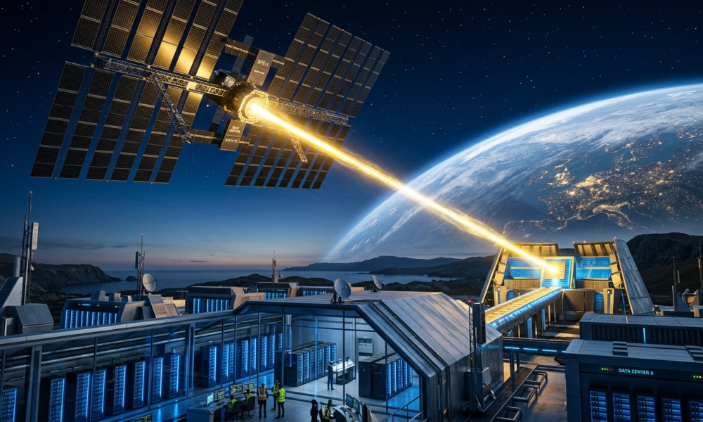 Satelita solarny SBSP na orbicie przesyła złoty promień energii do serwerowni z niebieskimi LED. Innowacyjne zasilanie centrów danych i technologia kosmiczna.