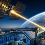 Satelita solarny SBSP na orbicie przesyła złoty promień energii do serwerowni z niebieskimi LED. Innowacyjne zasilanie centrów danych i technologia kosmiczna.