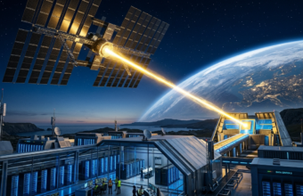 Satelita solarny SBSP na orbicie przesyła złoty promień energii do serwerowni z niebieskimi LED. Innowacyjne zasilanie centrów danych i technologia kosmiczna.