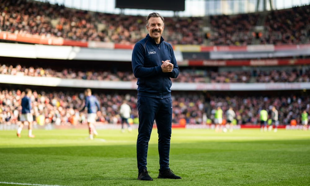 Uśmiechnięty Ted Lasso z wąsami w granatowym dresie na boisku. Trener z 4 sezonu serialu Apple TV+ na tle stadionu. Premiera nowych odcinków i informacje.