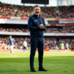 Uśmiechnięty Ted Lasso z wąsami w granatowym dresie na boisku. Trener z 4 sezonu serialu Apple TV+ na tle stadionu. Premiera nowych odcinków i informacje.