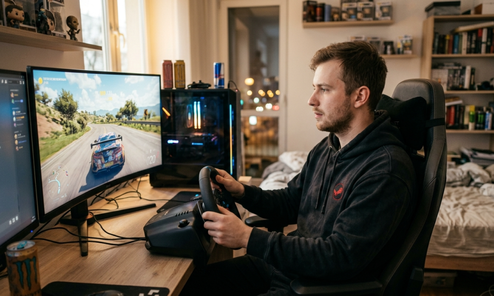 Biały gracz w bluzie Steam gra na PC w Forza Horizon 6. Rekordowa premiera gry wyścigowej na platformie Steam zgromadziła tysiące fanów gamingu.