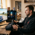Biały gracz w bluzie Steam gra na PC w Forza Horizon 6. Rekordowa premiera gry wyścigowej na platformie Steam zgromadziła tysiące fanów gamingu.