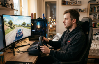 Biały gracz w bluzie Steam gra na PC w Forza Horizon 6. Rekordowa premiera gry wyścigowej na platformie Steam zgromadziła tysiące fanów gamingu.
