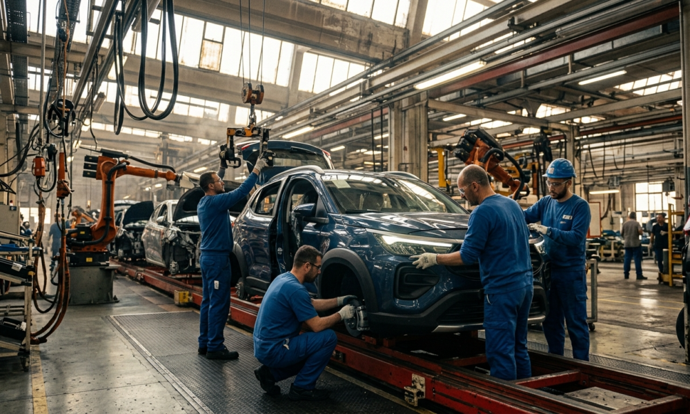 Prace w fabryce FIAT nad SUV-em Fiat Grizzly 2026. Produkcja siedmioosobowego modelu hybrydowego i elektrycznego. Tani SUV segmentu B na linii montażowej.