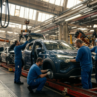 Prace w fabryce FIAT nad SUV-em Fiat Grizzly 2026. Produkcja siedmioosobowego modelu hybrydowego i elektrycznego. Tani SUV segmentu B na linii montażowej.