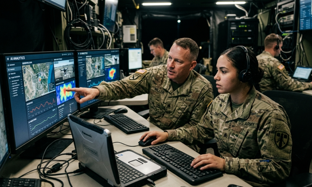 Amerykańscy wojskowi analizują dane z dronów i statystyki AI na komputerze. Sztuczna inteligencja na wojnie i nowoczesne systemy wojskowe USA.