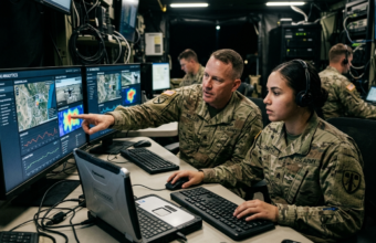 Amerykańscy wojskowi analizują dane z dronów i statystyki AI na komputerze. Sztuczna inteligencja na wojnie i nowoczesne systemy wojskowe USA.