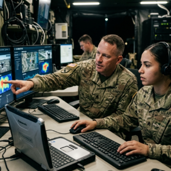Amerykańscy wojskowi analizują dane z dronów i statystyki AI na komputerze. Sztuczna inteligencja na wojnie i nowoczesne systemy wojskowe USA.