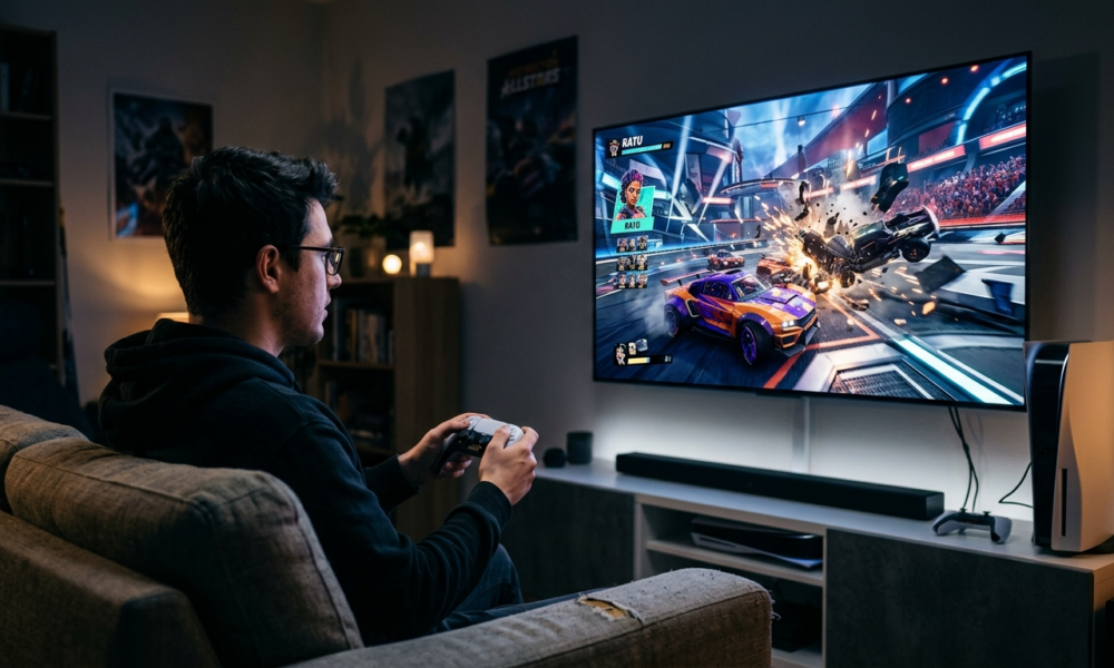 Kadr z gry Destruction AllStars na PlayStation 5. Dynamiczna rozgrywka na PS5 ukazująca starcia kolorowych pojazdów na futurystycznej arenie.