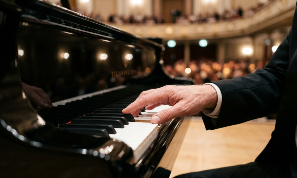 Zbliżenie na palec pianisty na białym klawiszu nowego czarnego pianina. Precyzyjny dotyk pianisty i technika gry badane przez naukę, zmieniające świat muzyki.