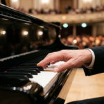Zbliżenie na palec pianisty na białym klawiszu nowego czarnego pianina. Precyzyjny dotyk pianisty i technika gry badane przez naukę, zmieniające świat muzyki.