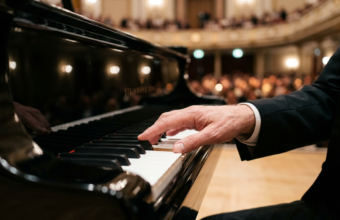 Zbliżenie na palec pianisty na białym klawiszu nowego czarnego pianina. Precyzyjny dotyk pianisty i technika gry badane przez naukę, zmieniające świat muzyki.