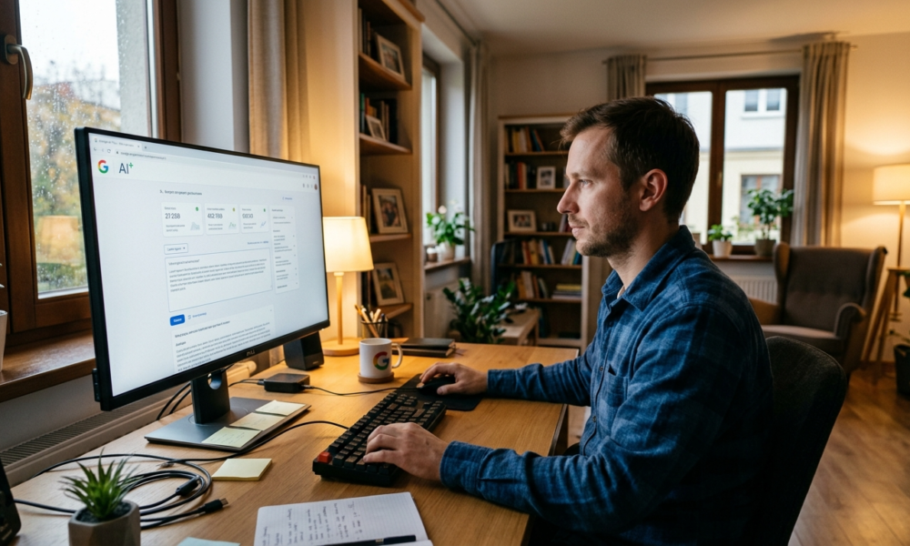 Mężczyzna używa Google AI Plus na komputerze w domu. Na ekranie logo Google i AI+. Nowoczesna sztuczna inteligencja, oprogramowanie i praca przy biurku.