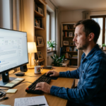 Mężczyzna używa Google AI Plus na komputerze w domu. Na ekranie logo Google i AI+. Nowoczesna sztuczna inteligencja, oprogramowanie i praca przy biurku.
