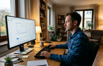 Mężczyzna używa Google AI Plus na komputerze w domu. Na ekranie logo Google i AI+. Nowoczesna sztuczna inteligencja, oprogramowanie i praca przy biurku.