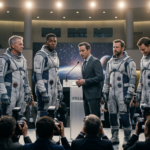 Astronauci (3 białych, 1 czarny) w kombinezonach na scenie. Mężczyzna przy pulpicie ogłasza załogę misji Artemis III i powrót na Księżyc przed tłumem paparazzi.