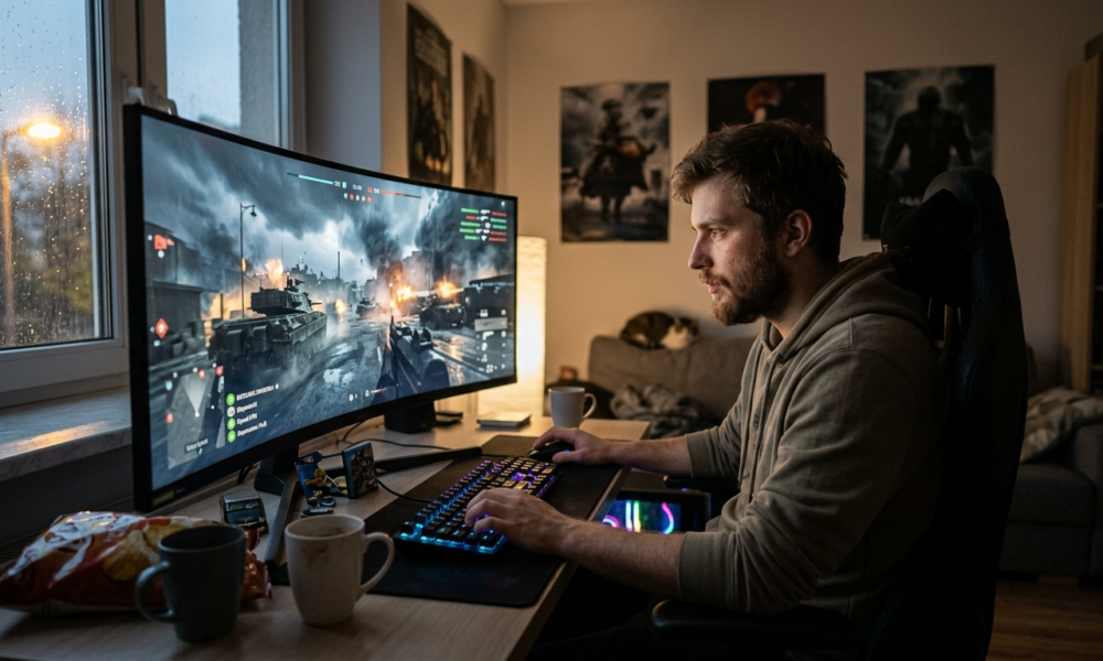 Mężczyzna grający w Battlefield 6 w domu przed monitorem. Na ekranie widać akcję z gry. Darmowy tydzień Battlefield 6 pozwala grać bez opłat do 15 czerwca.
